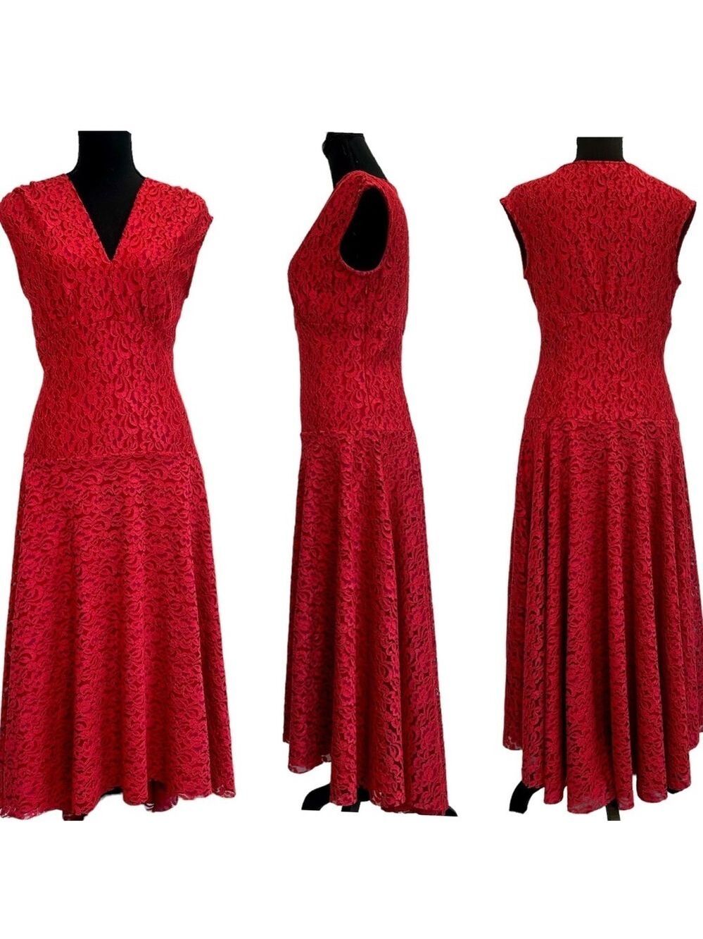 MARIAGE Mode red lace sleeveless asymmetrical midi dress Sz 6 wedding guest
